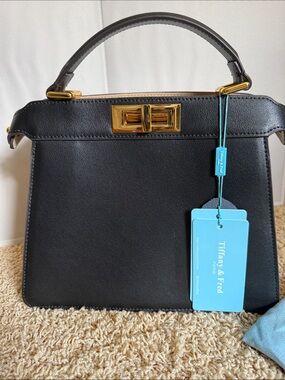 Tiffany & Fred Black Leather Top-Handle Satchel with Gold Hardware
